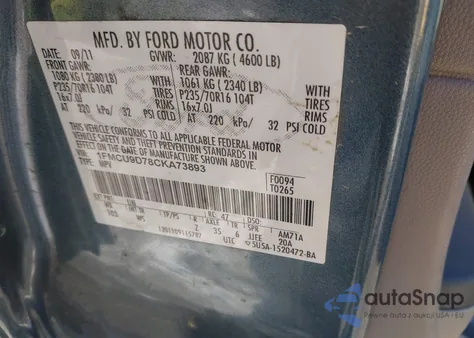 2012 Ford Escape Xlt z USA, uszkodzony, nr VIN 1FMCU9D78CKA73893